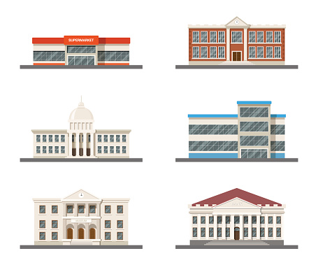 set of city buildings: supermarket, hospital, university, city hall, museum and shopping mall