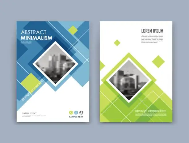 Vector illustration of Abstract a4 brochure cover design. Text frame surface. Urban city view font. Blue, green, white title sheet model. Creative vector front page. Ad banner texture. Patch lozenge figure icon. Flyer fiber
