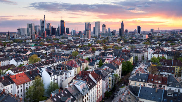 istock Skyline of Frankfurt at dusk, aerial view 672149206