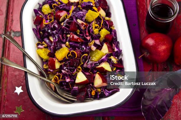 Red Cabbage Apple And Orange Festive Salad Stock Photo - Download Image Now - Red Cabbage, Christmas, Purple