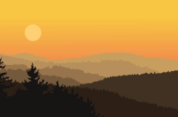 ilustrações de stock, clip art, desenhos animados e ícones de panoramic view of landscape with dark silhouettes of hills and mountains behind forest under dramatic clean morning sky with rising sun - vector illustration - sunset winter mountain peak european alps