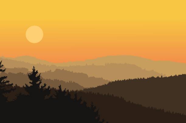 istock Panoramic view of landscape with dark silhouettes of hills and mountains behind forest under dramatic clean morning sky with rising sun - vector illustration 672165736