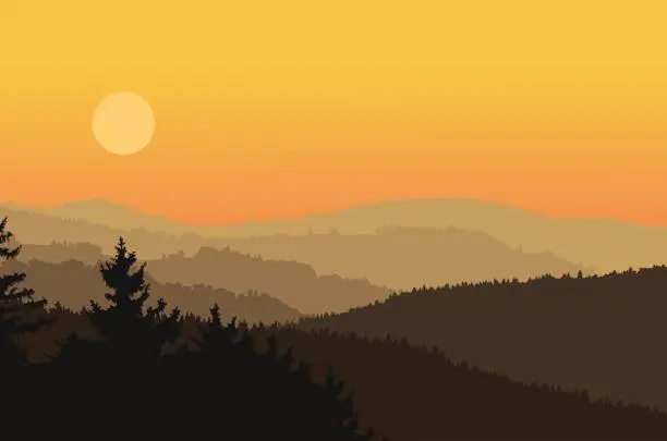 Vector illustration of Panoramic view of landscape with dark silhouettes of hills and mountains behind forest under dramatic clean morning sky with rising sun - vector illustration