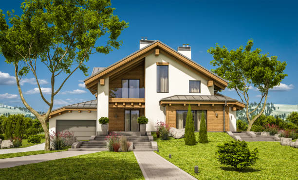 istock 3d rendering of modern cozy house in chalet style 672176380