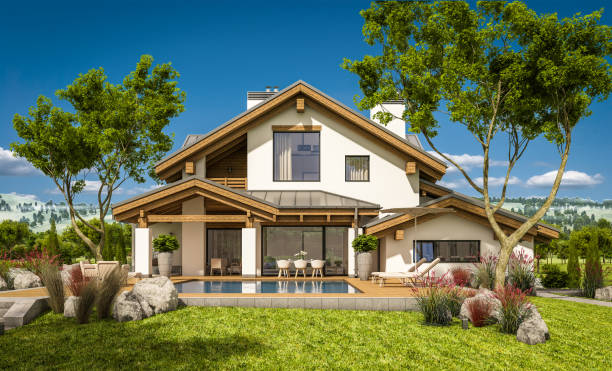 istock 3d rendering of modern cozy house in chalet style 672176420