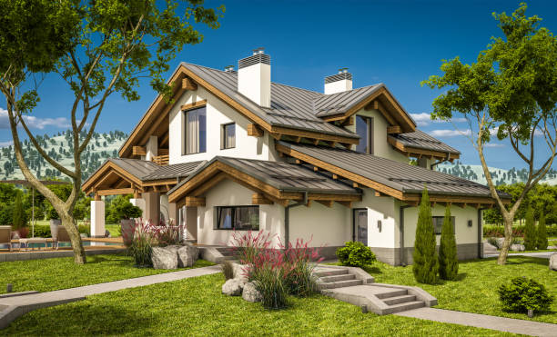 istock 3d rendering of modern cozy house in chalet style 672176450