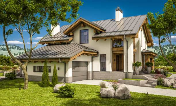 istock 3d rendering of modern cozy house in chalet style 672176466