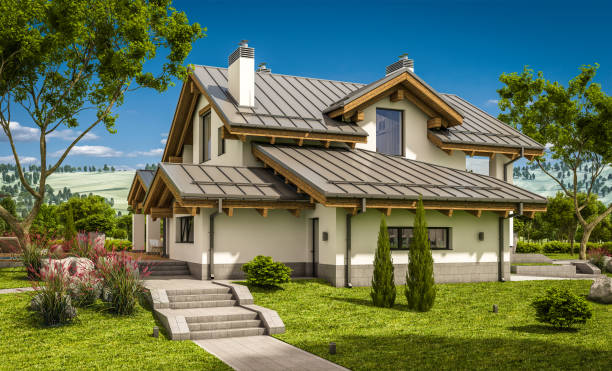 istock 3d rendering of modern cozy house in chalet style 672176476