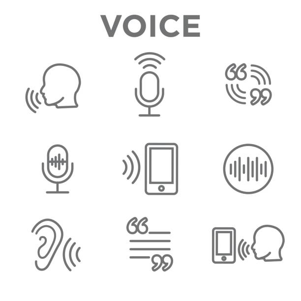voiceover oder voice befehlssymbol mit schallwellen bilder - hören stock-grafiken, -clipart, -cartoons und -symbole