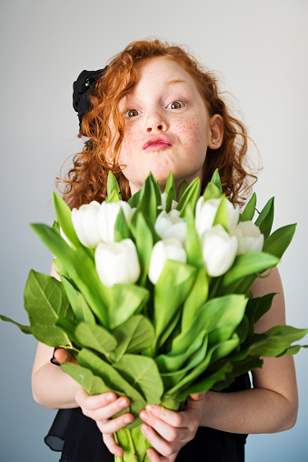 Time to celebrate spring and mother’s day! Expressive red hair little girl holding a white tulips bouquet on mid-gray background. Vertical mid-length studio shot with natural light and copyspace. This was taken in Quebec, Canada.