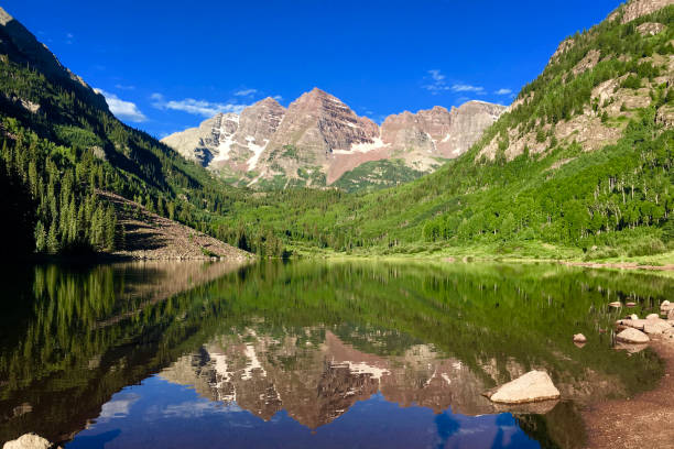 Maroon Bells Lake Reflections in Summer stock photo