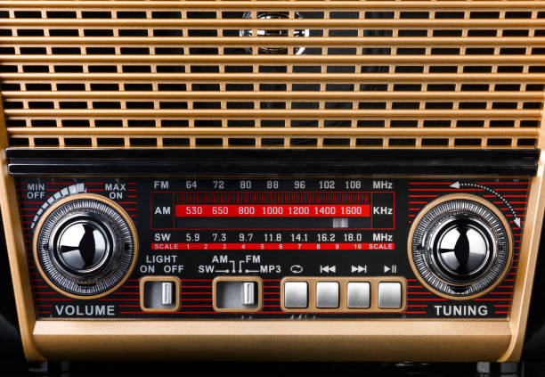 istock radio receiver in retro style with radio dial and silver buttons 672185104