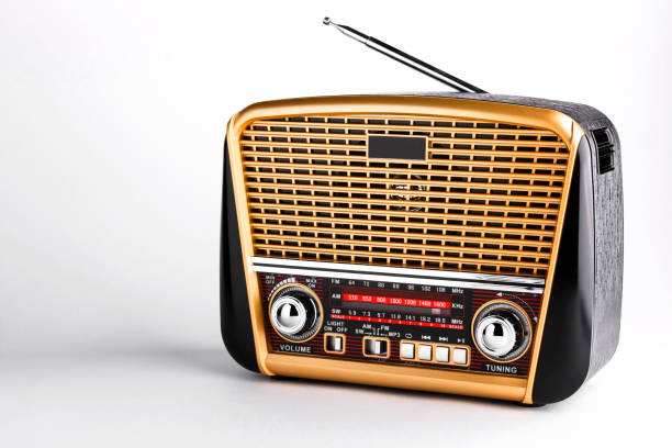 istock radio receiver in retro style with audio player on white background 672185314