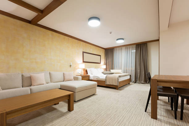 istock Hotel apartment, bedroom interior 672185344