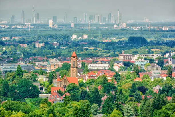 Cityscape of Darmstadt (Germany), the skyline of Frankfurt am Main in the background, HDR-technique