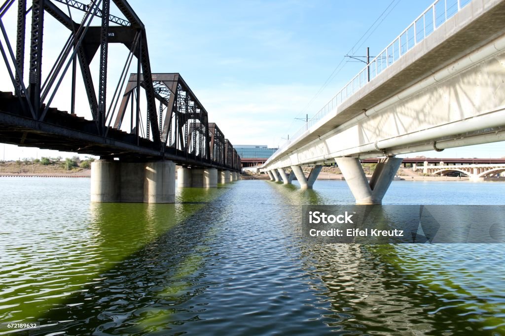 Tempe Bridges Highway and railroad bridges over Tempe Town Lake in Tempe, outside of Phoenix, AZ. Arizona Stock Photo