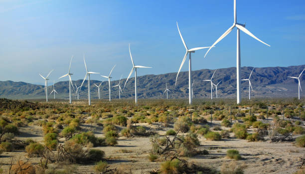 Wind turbine farm and array stock photo