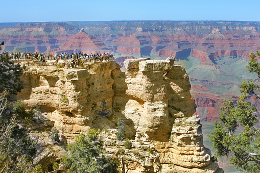 View of Grand Canyon south rim in Arizona US. The picture is of popular Mather Point near Grand Canyon visitor center.