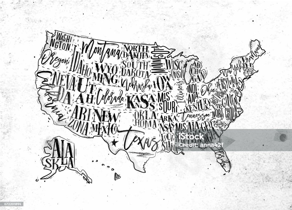 Map USA vintage Vintage usa map with states inscription california, florida, washington, texas, new york, kansas, nevada, tennessy, missouri, arizona, illinois, oregon, louisiana drawing on dirty paper Louisiana stock vector