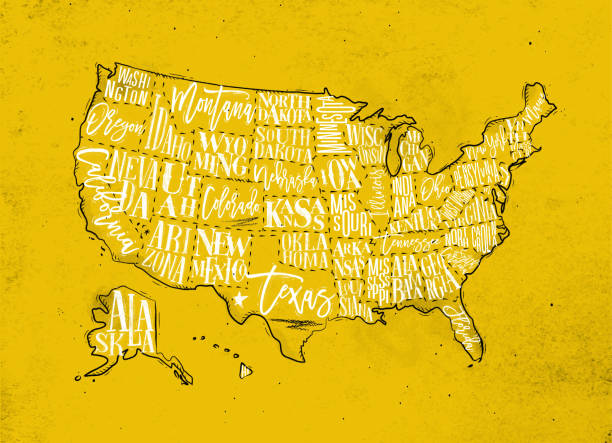 지도 미국 빈티지 옐로우 - cartography map retro revival usa stock illustrations