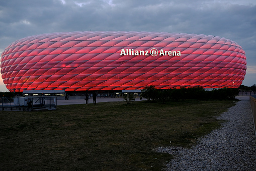 Exterior view of The Allianz Arena is a football stadium located in the district of Fröttmaning, north of Munich, Germany. His home team is FC Bayern München. Designed by Herzog & de Meuron I was inaugurated in April 2005. Germany April 23, 2017