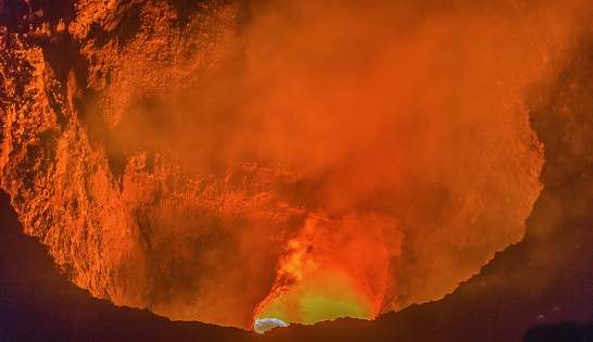 Masaya volcano with lava is lone of the active volcanos in Nicaragua and is located near the historic town of Granada in Nicaragua.