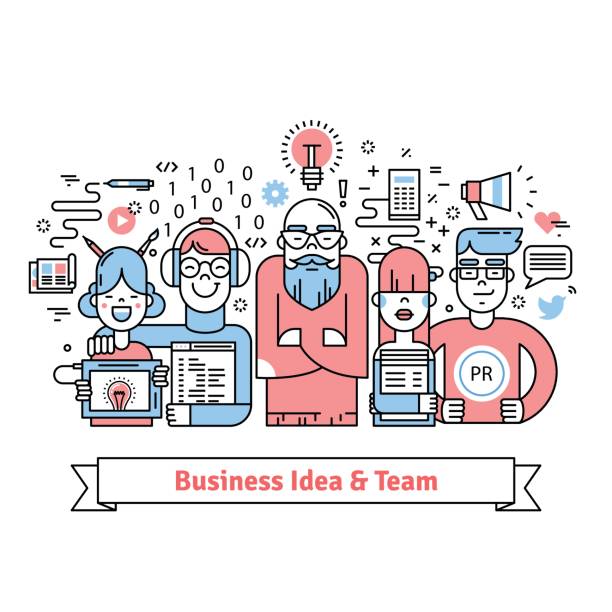 ilustrações de stock, clip art, desenhos animados e ícones de business team gathered around leader with idea - people director editorial computer icon