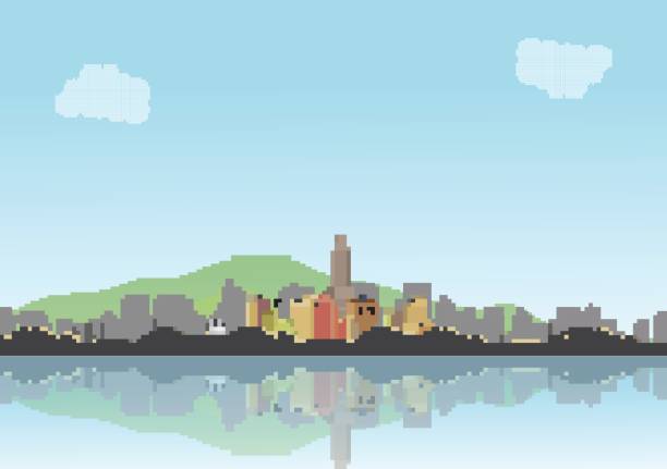 Retro Eight Bit City Skyline with Reflections Background - Vector Illustration vector art illustration