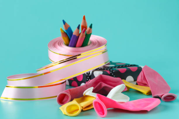 istock Materials and accessories for wrapping gifts on aquamarine 672213838