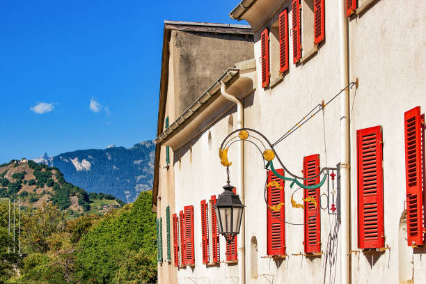 Street lantern and building architecture at Sion Valais Switzerland