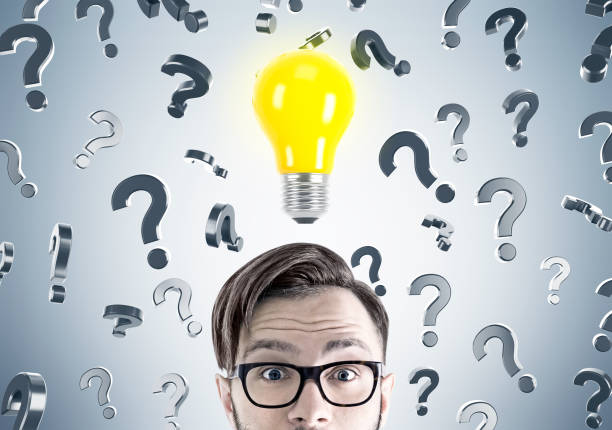 Hipster businessman, questions and light bulb