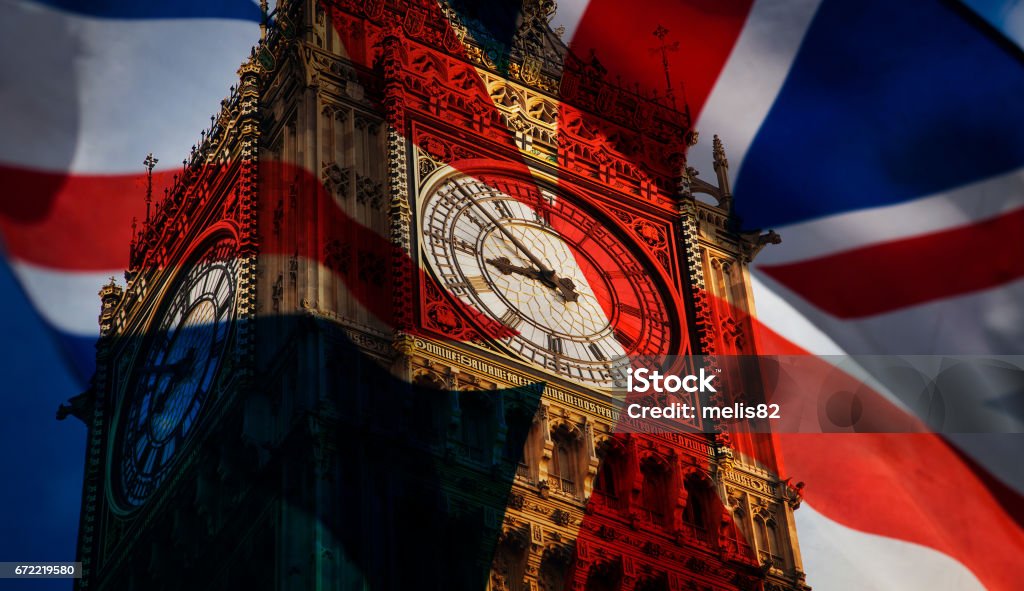 union jack flag and iconic Big Ben at the palace of Westminster, London - the UK prepares for new elections UK Stock Photo