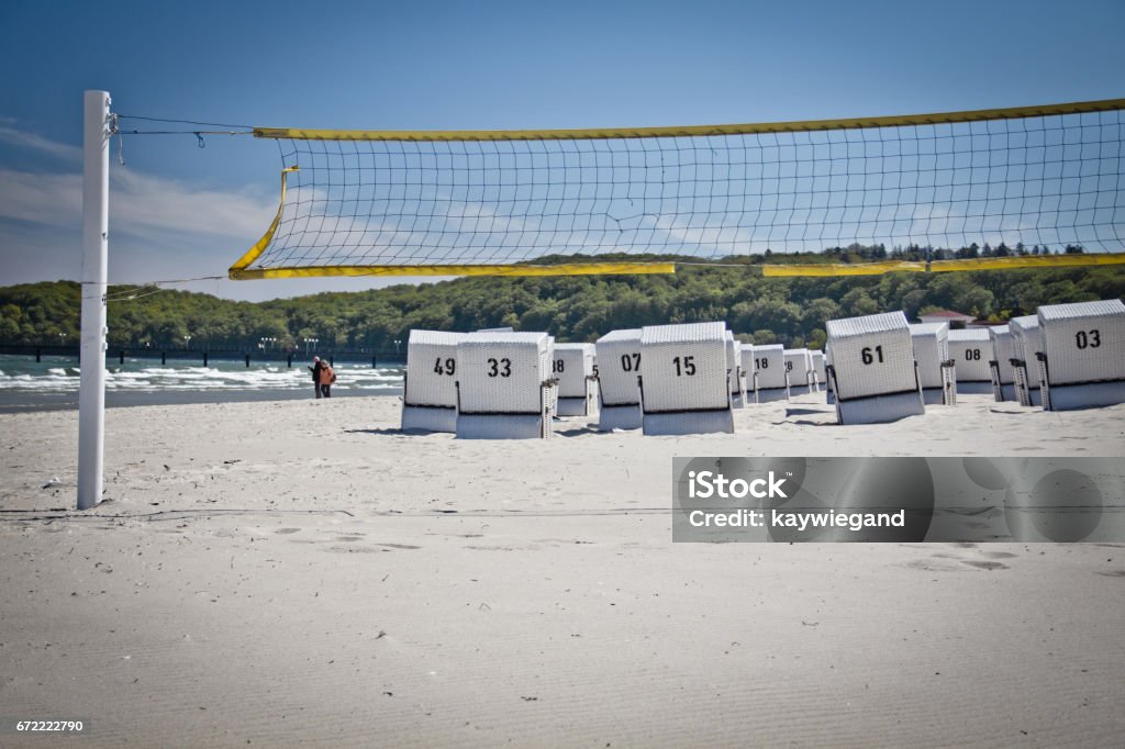 Beach basket. Great time on Rügen, Chalk Cliffs, Beaches, Coast and bathing resort Binz. Binz lies on the eastern coast of the island of Rügen known as bathing resort with a great pier and beautiful sand beach. Baltic Countries Stock Photo