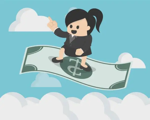 Vector illustration of Business Woman standing on the flying magic dollar
