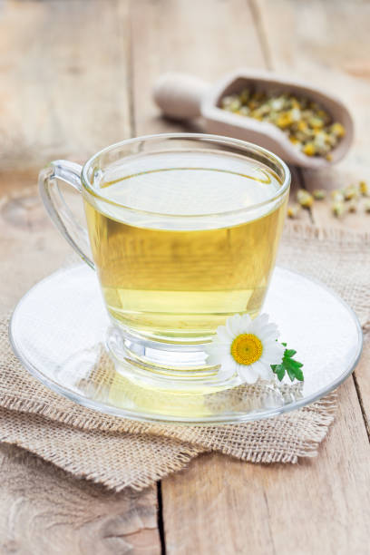 istock Chamomile tea in glass cup, chamomile flowers and dry tea on background, vertical 672247860
