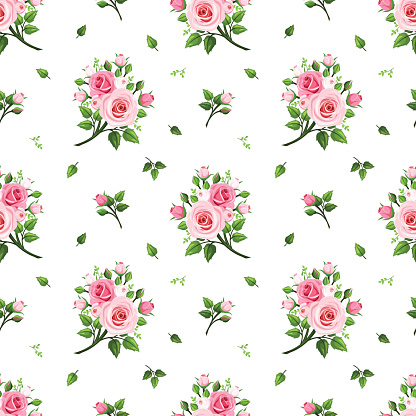 Vector seamless pattern with pink roses on a white background.