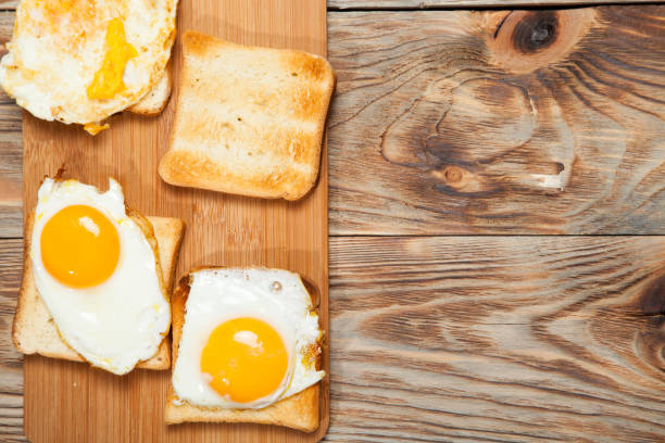 istock toast and egg on wooden table 672259796