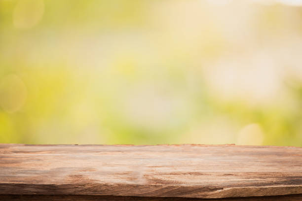 istock Empty table top on blurred nature background,Space for placing products,Warm light from the sunset 672262682