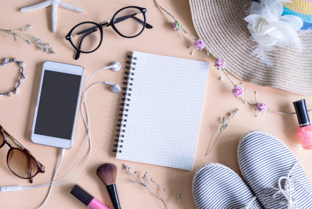 istock Woman stuff, makeup, cellphone and accessories 672268514