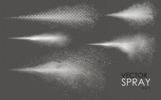 Water spray, white smoke, dust and dots, mist of atomizer. Vector effect, , illustration, cosmetic design.