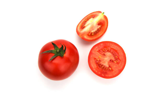 istock Closeup Fresh ripe tomatoes isolated on white background 672273034