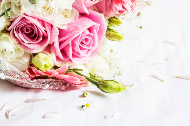 Flowers, bouquet, pink, light blue, white background