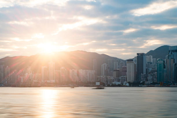 Hong Kong  at sunset , View from Victoria Harbor stock photo