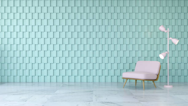 istock Modern room interior design ,pink chair  on marble floor and green square wall ,3d render 672283916