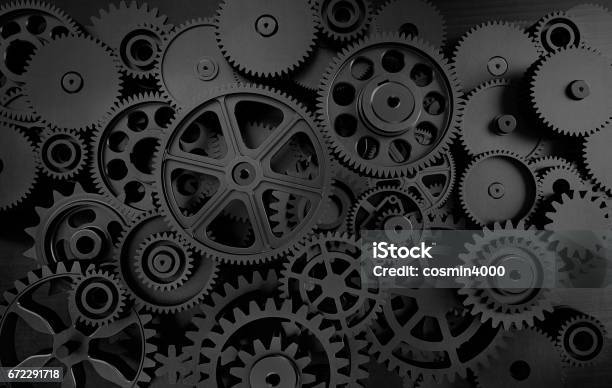 Dark Gears Background Stock Photo - Download Image Now - Gear - Mechanism, Backgrounds, Watch - Timepiece