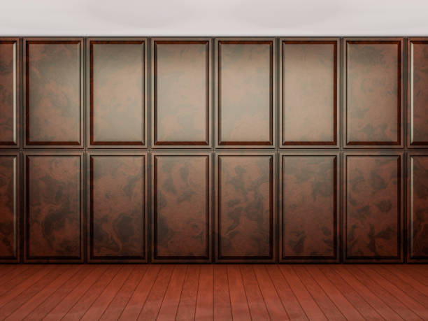 istock Empty interior background, room with brown wood paneling wall and hardwood flooring. 3D rendering 672298732