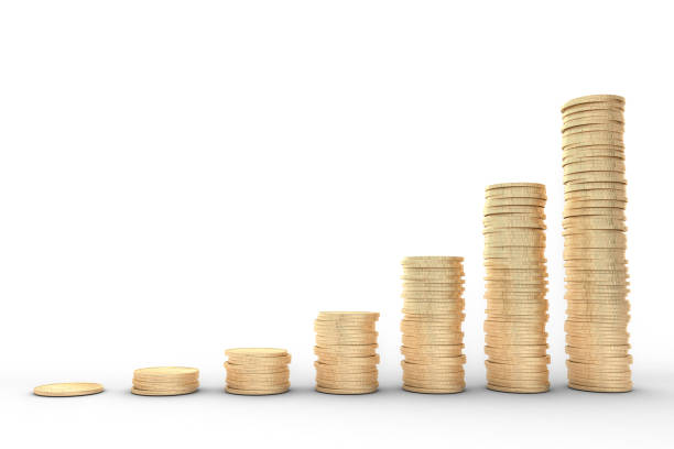 istock 3d image: high quality rendering: Metal copper-gold coins graph chart stock market white background isolated. 672304228