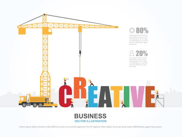 ilustraciones, imágenes clip art, dibujos animados e iconos de stock de grúa y construcción creativa. plantilla de infografía. ilustración de vector. - grúa