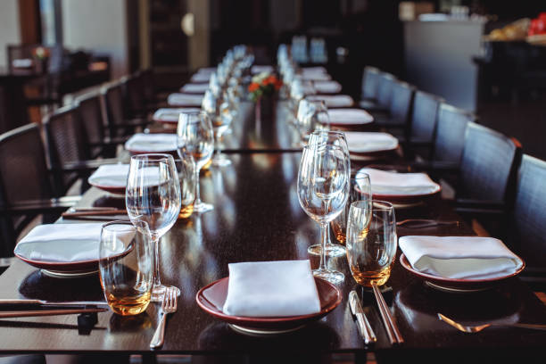 istock Table set for banquet in restaurant 672308256
