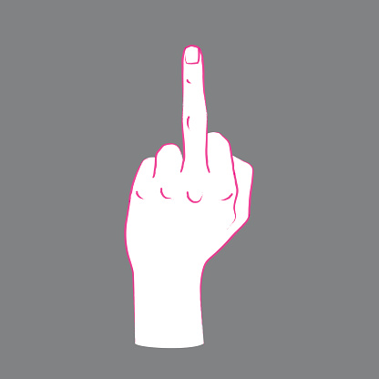Gesture. Rude sign. Female hand with middle finger up. Vector illustration in sketch style isolated on a grey background. Making aggression signal by hand. Pink lines and white silhouette.